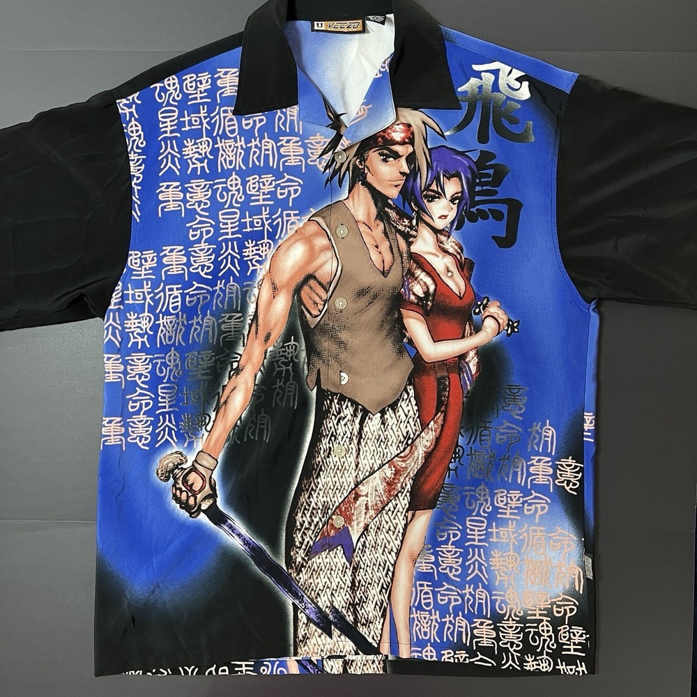 Vintage Veezo Shirt Mens Large Blue Anime Graphic Short Sleeve Button Up AOP Y2K